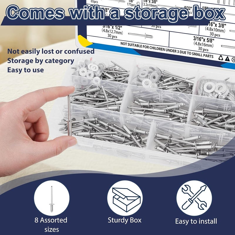 ZQZ 680Pcs Stainless Steel Pop Rivets, 8 Sizes Stainless Rivets with 1/8" 5/32" 3/16" Blind Rivets and Washers Assortment Kit - Image 5